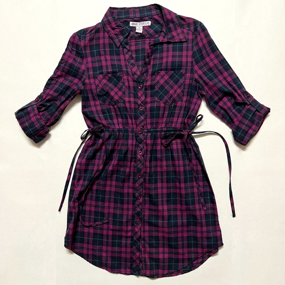 One Step Up Black + Fuchsia Plaid Long Top (Small)